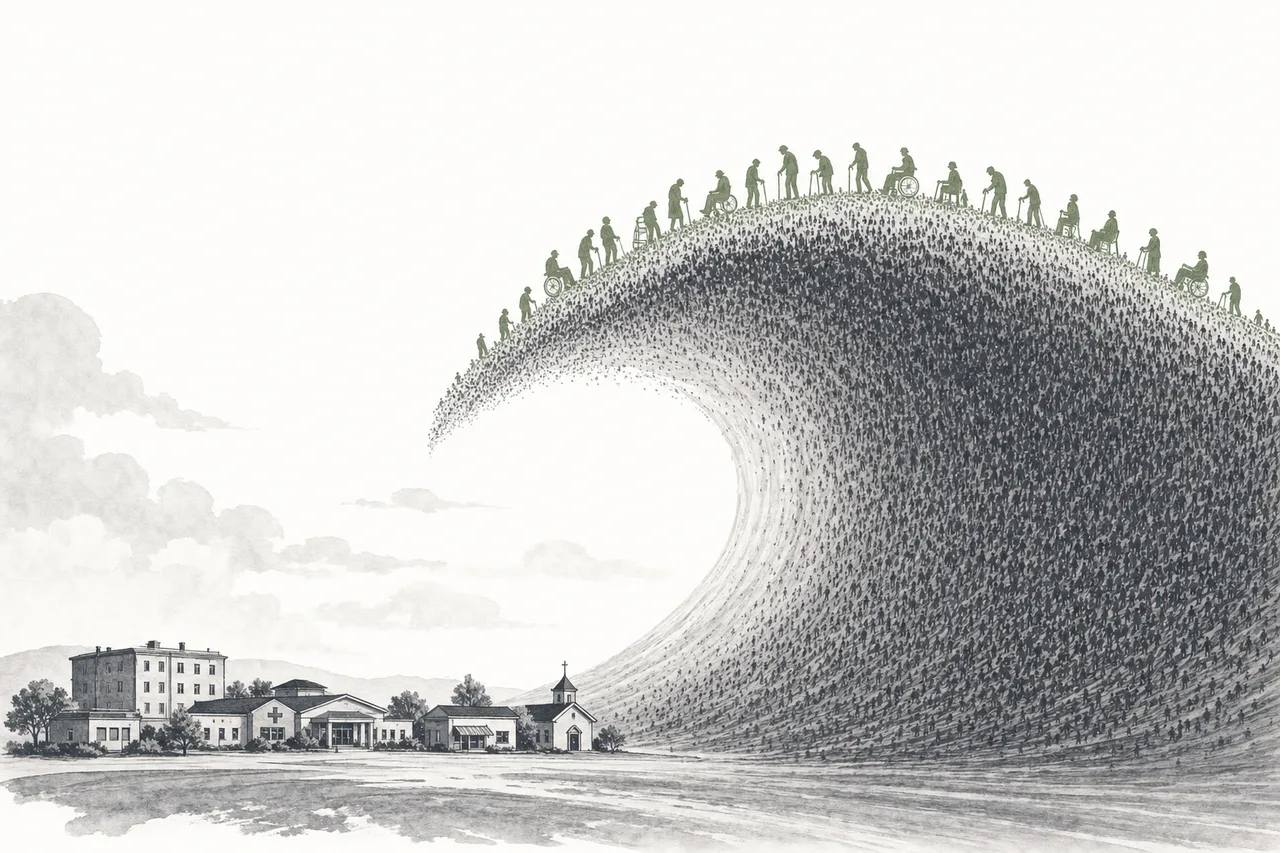 A wave of aging population slowly building into a giant swell, with a small town of services rising around the base of the wave