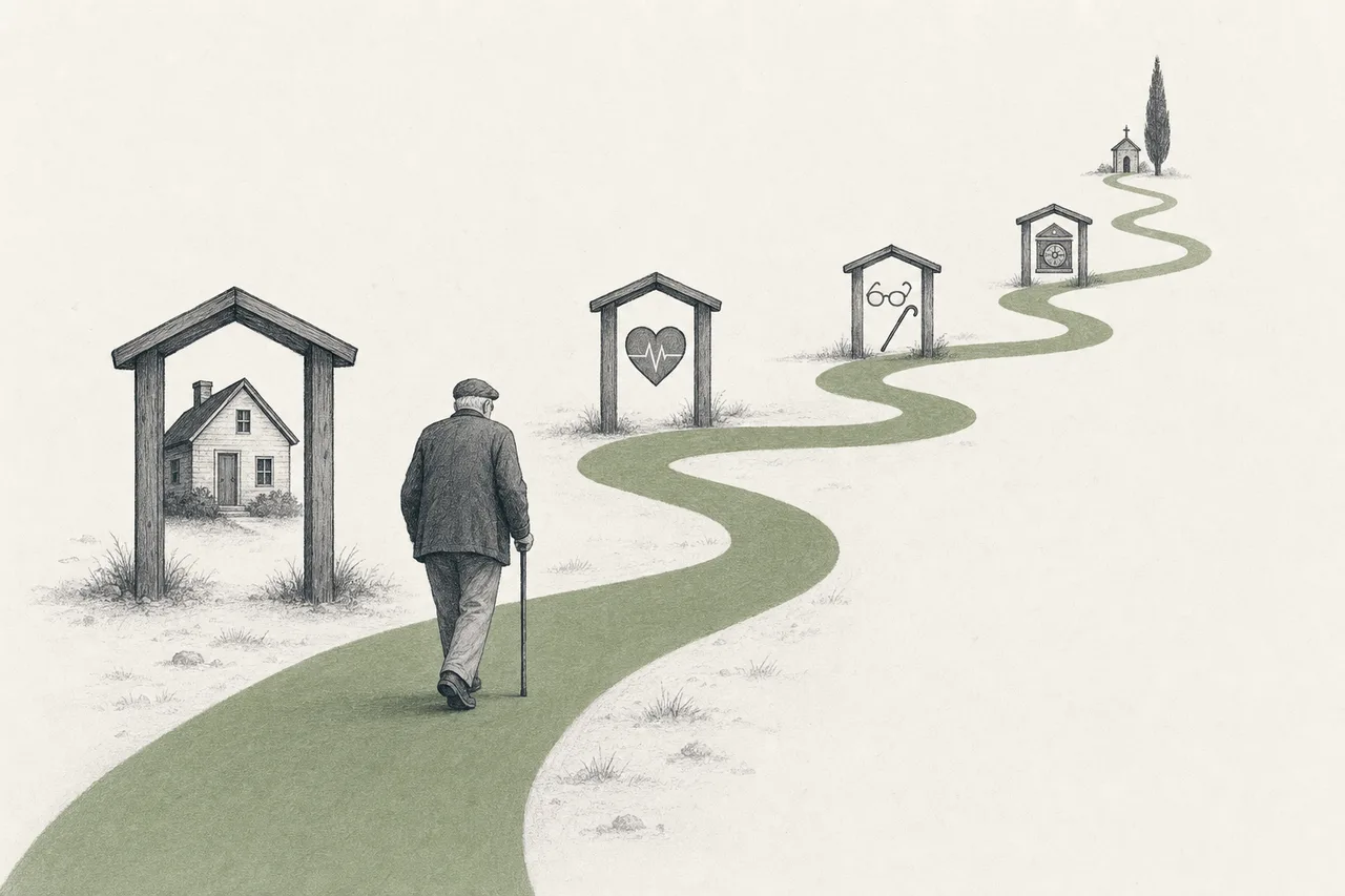 An older person's life path walking through different service stations, from housing to treatment, assistance, finance, and finally the end