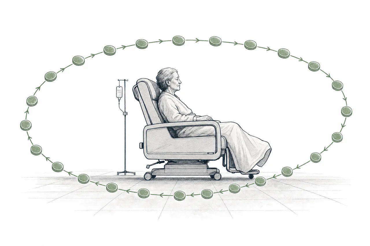 Money flowing in a repeating loop around a patient's bed — recurring revenue arriving every month without fail, like a river that circles back to the same place