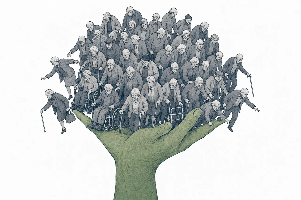 A single pair of hands trying to support several older people at once, reflecting the shortage of elder-care workers