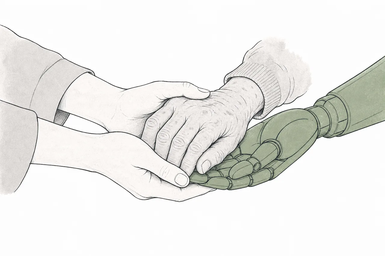 A caregiver's human hand cradles an elderly person's hand, while a robotic arm reaches in gently from the other side to help support it.