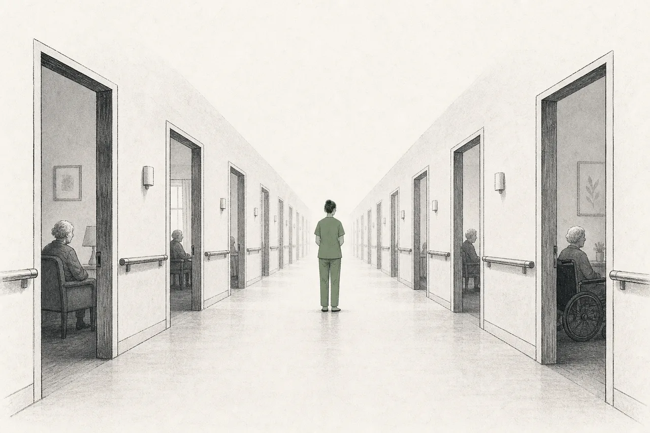 A single caregiver stands in the middle of a nursing-home hallway lined with doors. Every room has someone waiting, but there's only one caregiver.