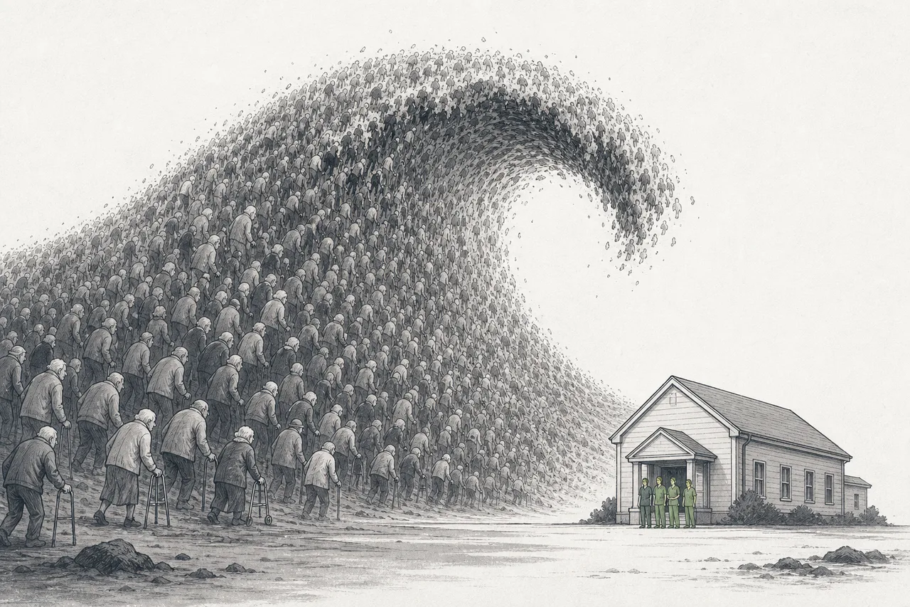 A huge wave made up of countless elderly figures surges toward a small care home where only a few caregivers stand to meet it.
