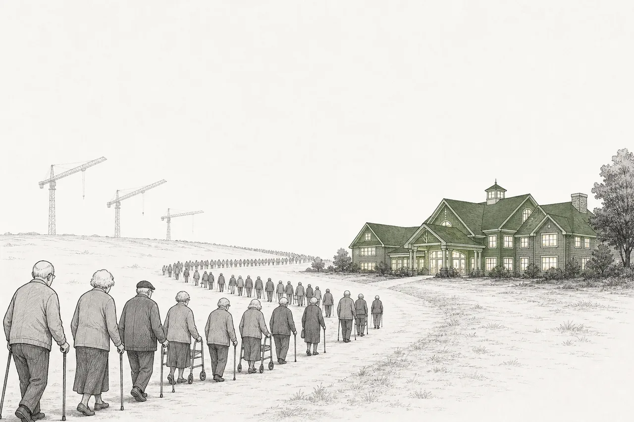 A warm, solid senior housing building set on a wide plot of land, with many seniors slowly walking toward it, while only a few construction cranes stand still far in the distance