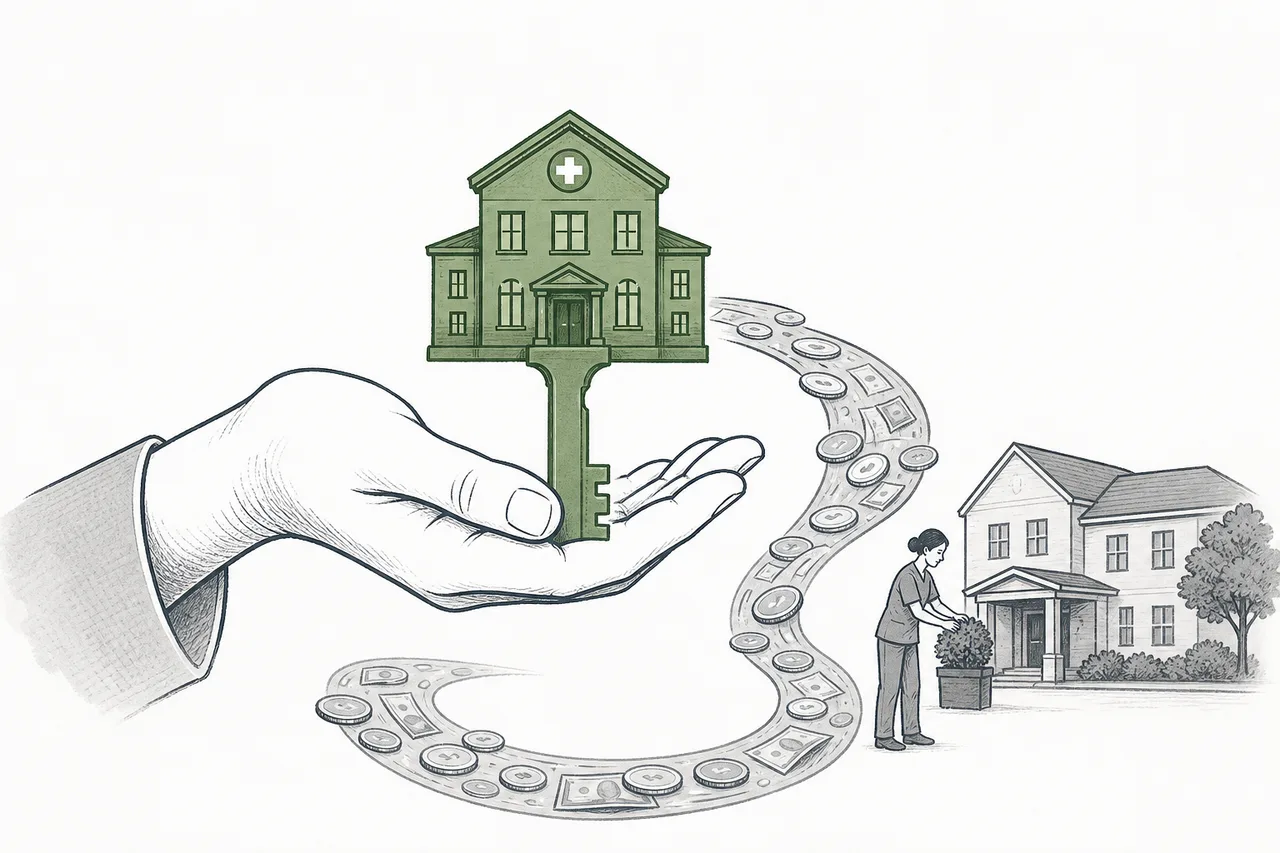 A hand holding a large key offering the key to a senior housing building, while a steady stream of rent money flows back in