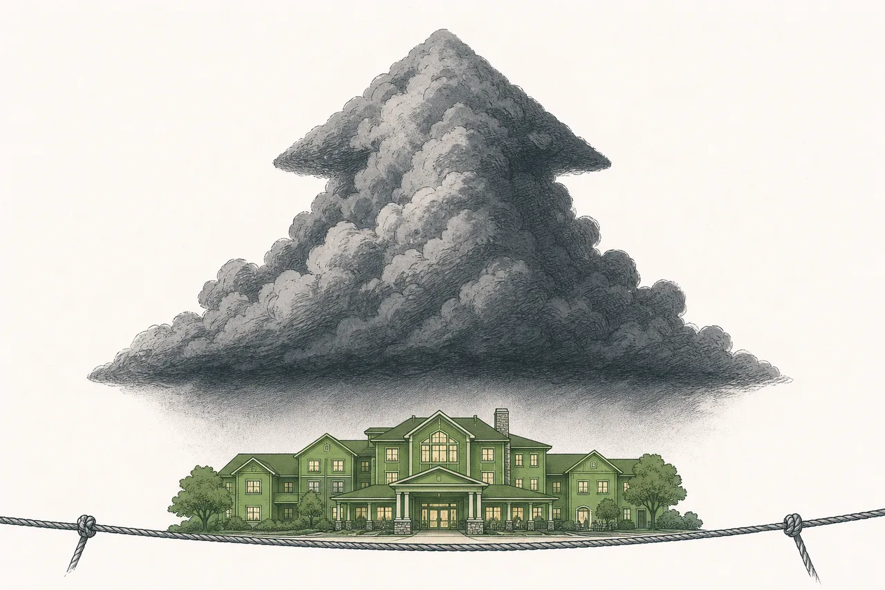 A solid senior housing building below, covered by the shadow of a large interest-rate cloud above