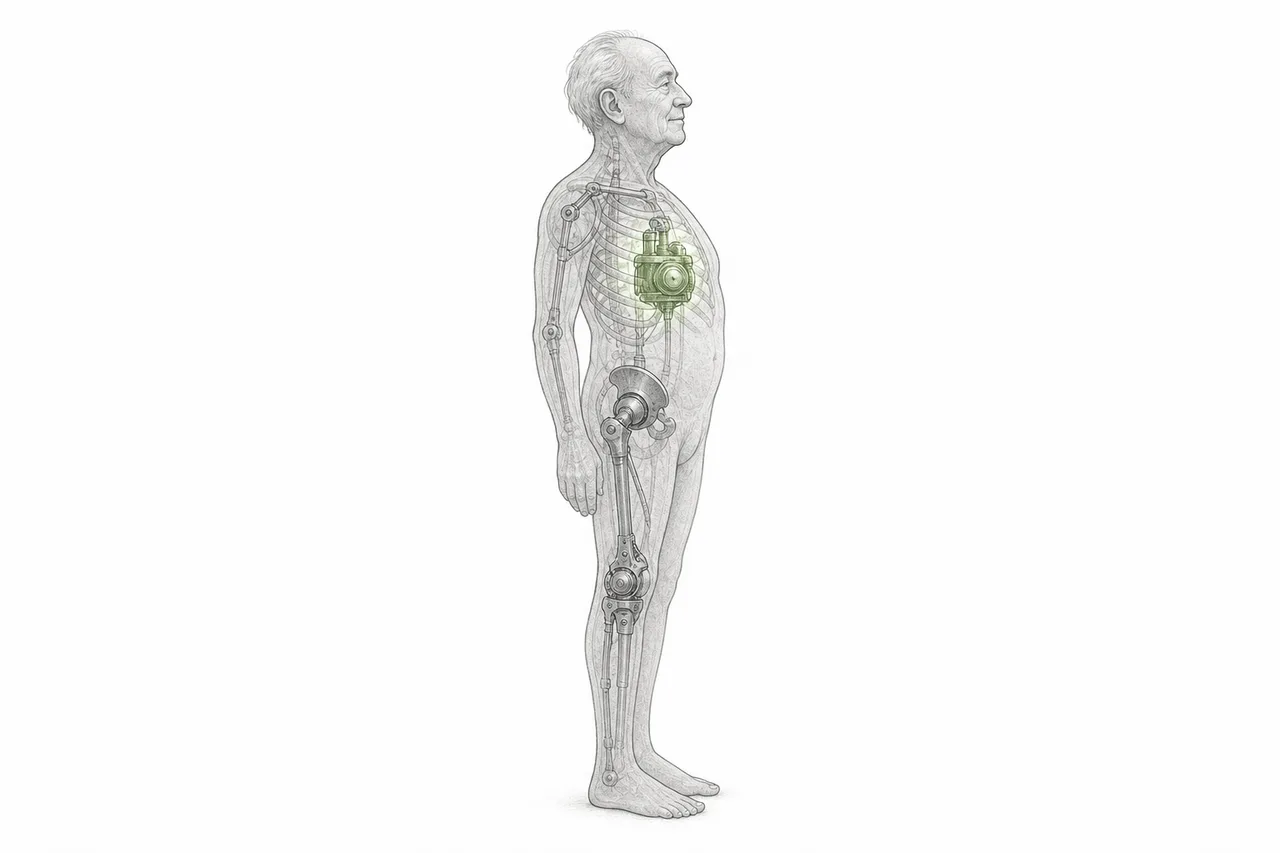 An elderly person stands calmly while, inside their body, tiny mechanical parts work along the heart and joints — like a repair crew keeping the body going.