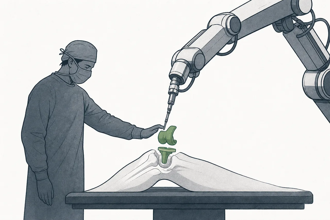 A surgical robot arm gently places an artificial knee into precise position, with a surgeon supervising alongside.