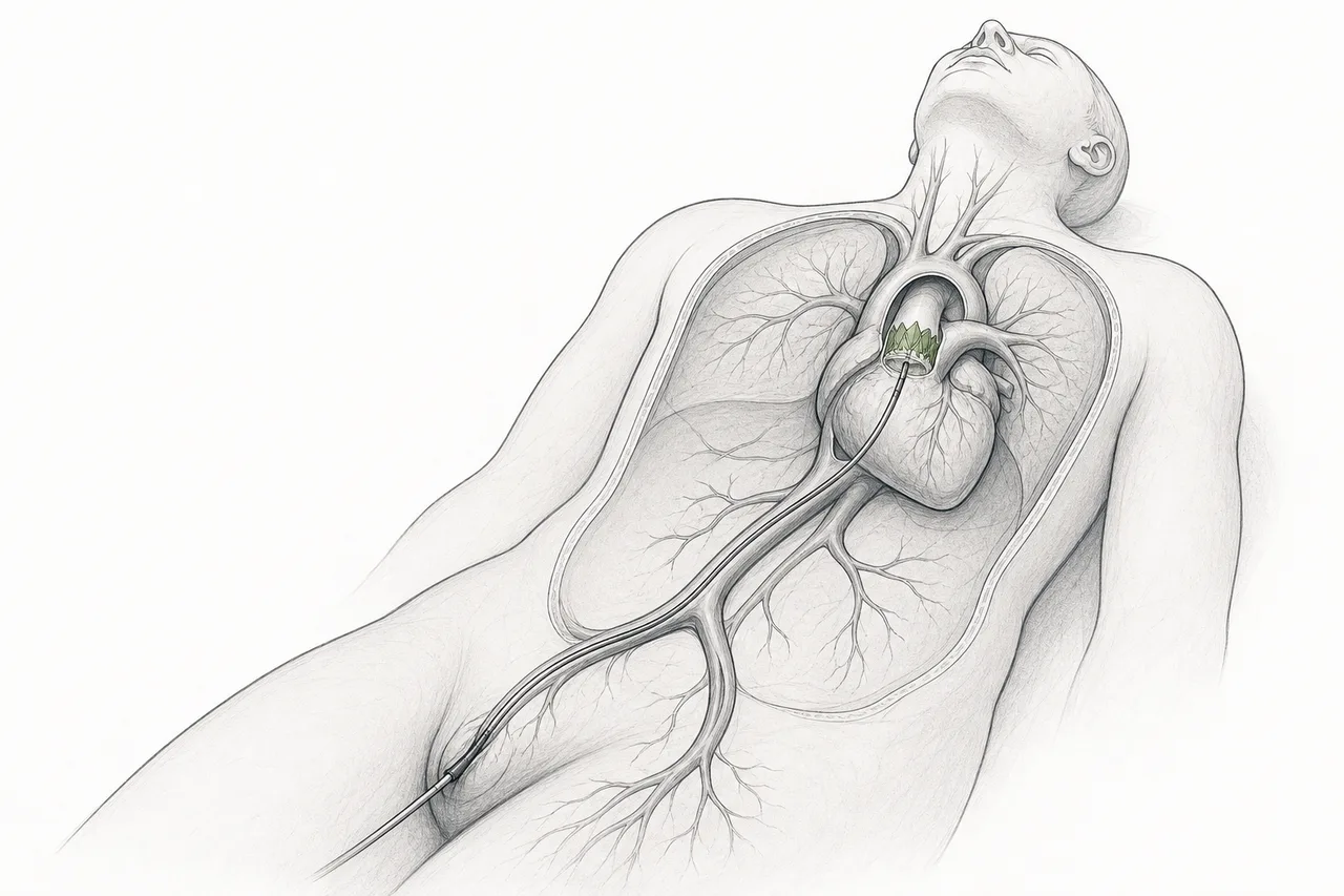 A doctor's hands thread a thin catheter up through a blood vessel to place a new heart valve, without opening the chest.
