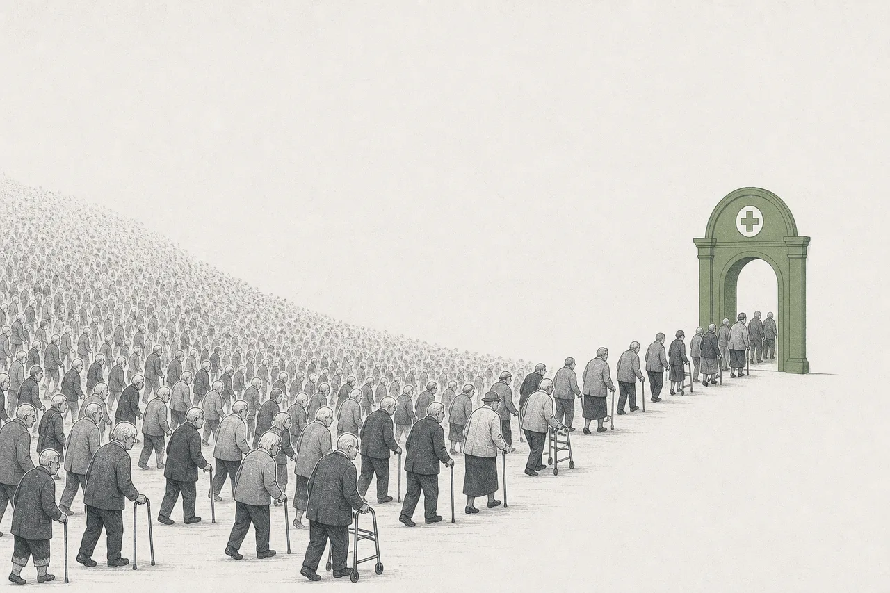 A vast wave of elderly people moving slowly toward a hospital door, representing the ever-growing queue of treatments that comes with age.