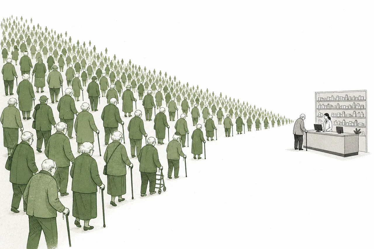 A slowly growing crowd of older people walking into a pharmacy, representing the patient base expanding as society ages