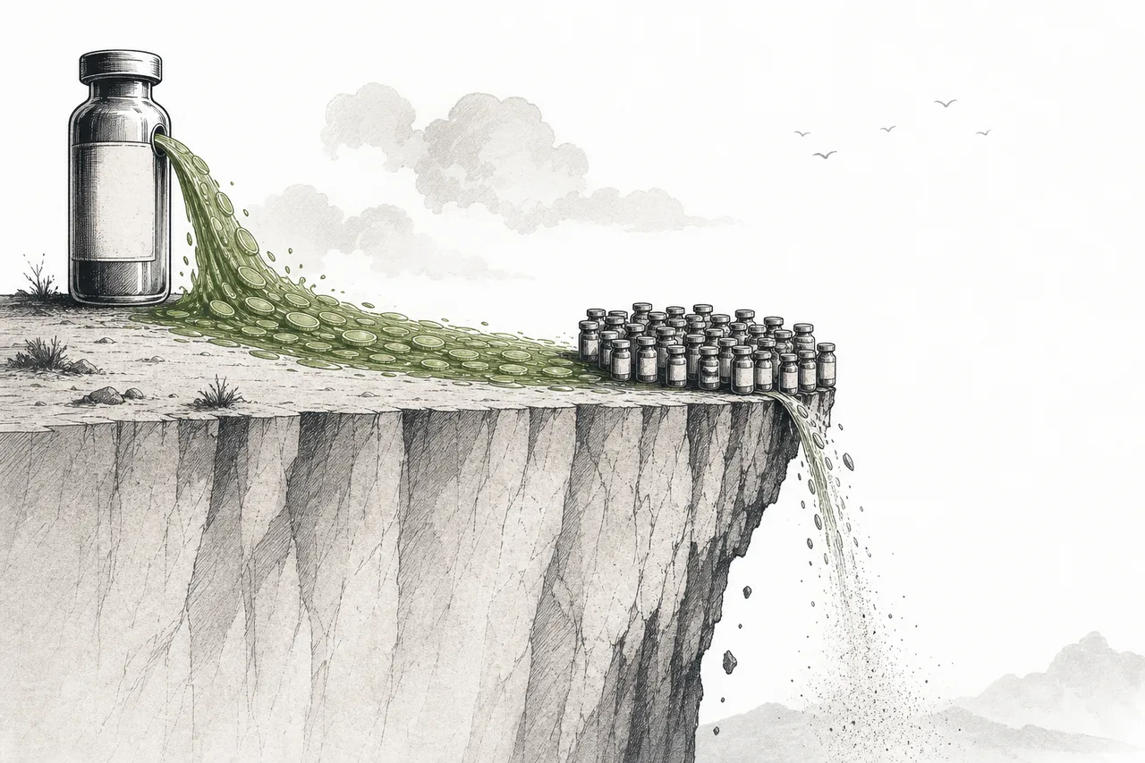 A steady stream of money flowing from a branded-drug bottle suddenly cut off at a cliff edge, when the drug goes off-patent and generics arrive