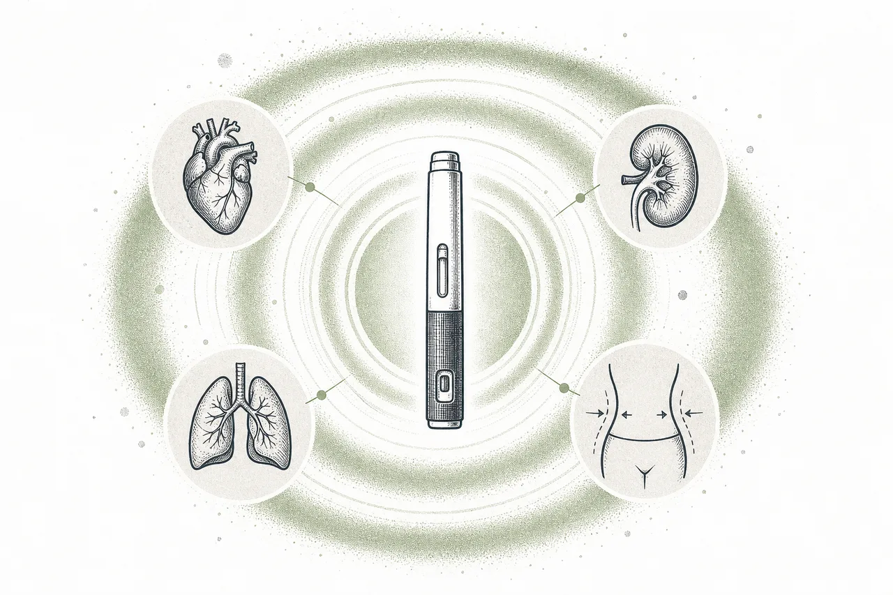 A GLP-1 injector radiating a halo that spreads to cover the heart, kidneys, and several organs, representing a single drug expanding to care for multiple chronic diseases