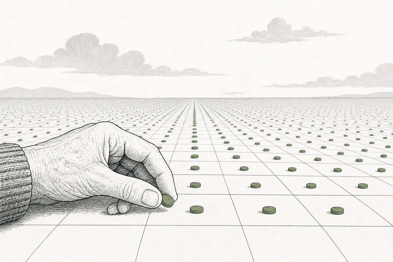 A calendar with a single pill sitting in every date square, stretching on without end — a picture of a drug you take every day for the rest of your life