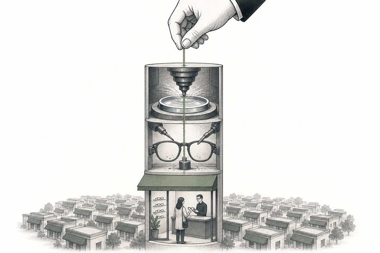 An eyewear empire that controls everything from the lens factory to the frame design to the retail storefront.