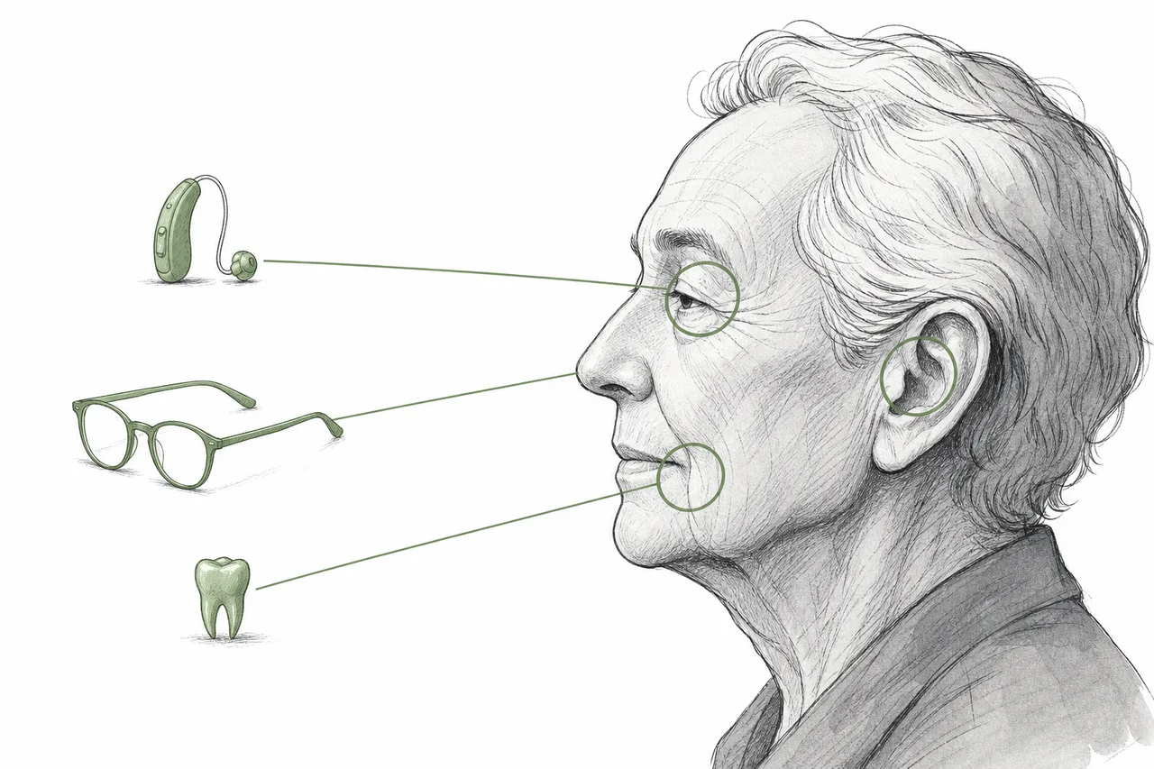 The calm side profile of an older person, with the ear, eye and mouth highlighted as the spots that need care with age.