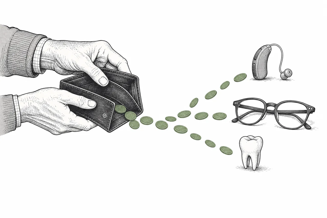 An older person's hand pays directly for ears, eyes and teeth, with no insurance middleman in between.