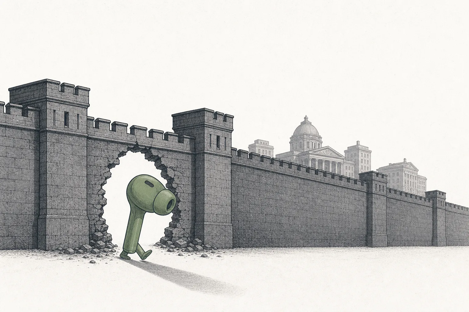 An ordinary wireless earbud steps over the high fortress wall into the once-closed hearing-aid industry, symbolizing consumer-tech storming a previously closed medical market.