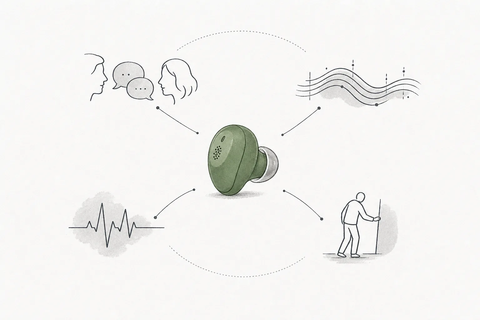 A tiny hearing aid gradually transforms into a smart earpiece, surrounded by sound waves, live translation, and vital signs — depicting a future where the earbud is more than an amplifier.