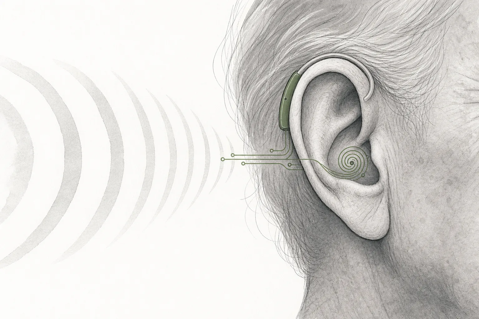 A side view of an elderly person's ear with a tiny hearing aid hooked on, sound waves flowing in and turning into small circuit lines that restore hearing.