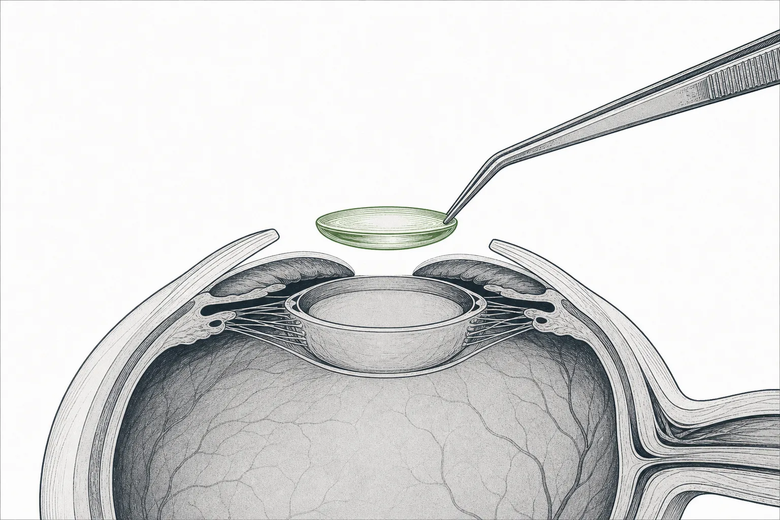 A large cross-section of a human eye. A precise robotic hand is sliding a thin, clear lens in to replace the clouded natural one — depicting the swapping-out of an eye part that has worn down with age.