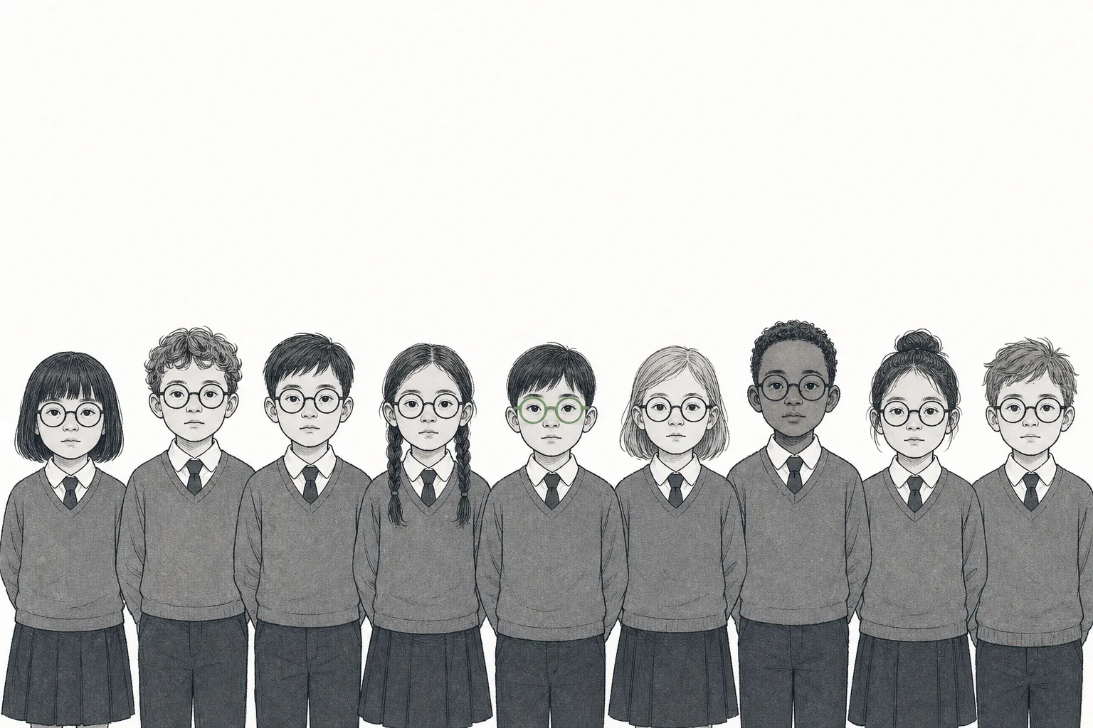 A large group of schoolchildren standing in rows, nearly all of them wearing glasses — depicting the myopia epidemic among children in East Asia.