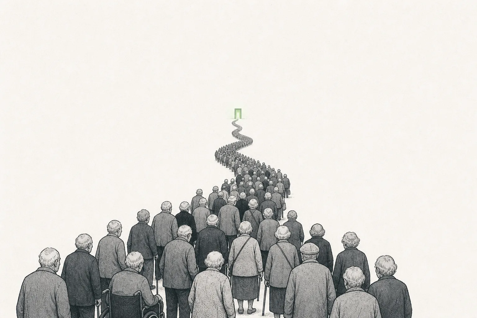 A long line of elderly people waiting for eye surgery, stretching off into the distance — depicting the enormous demand of people who need cataract surgery but still can't access it.