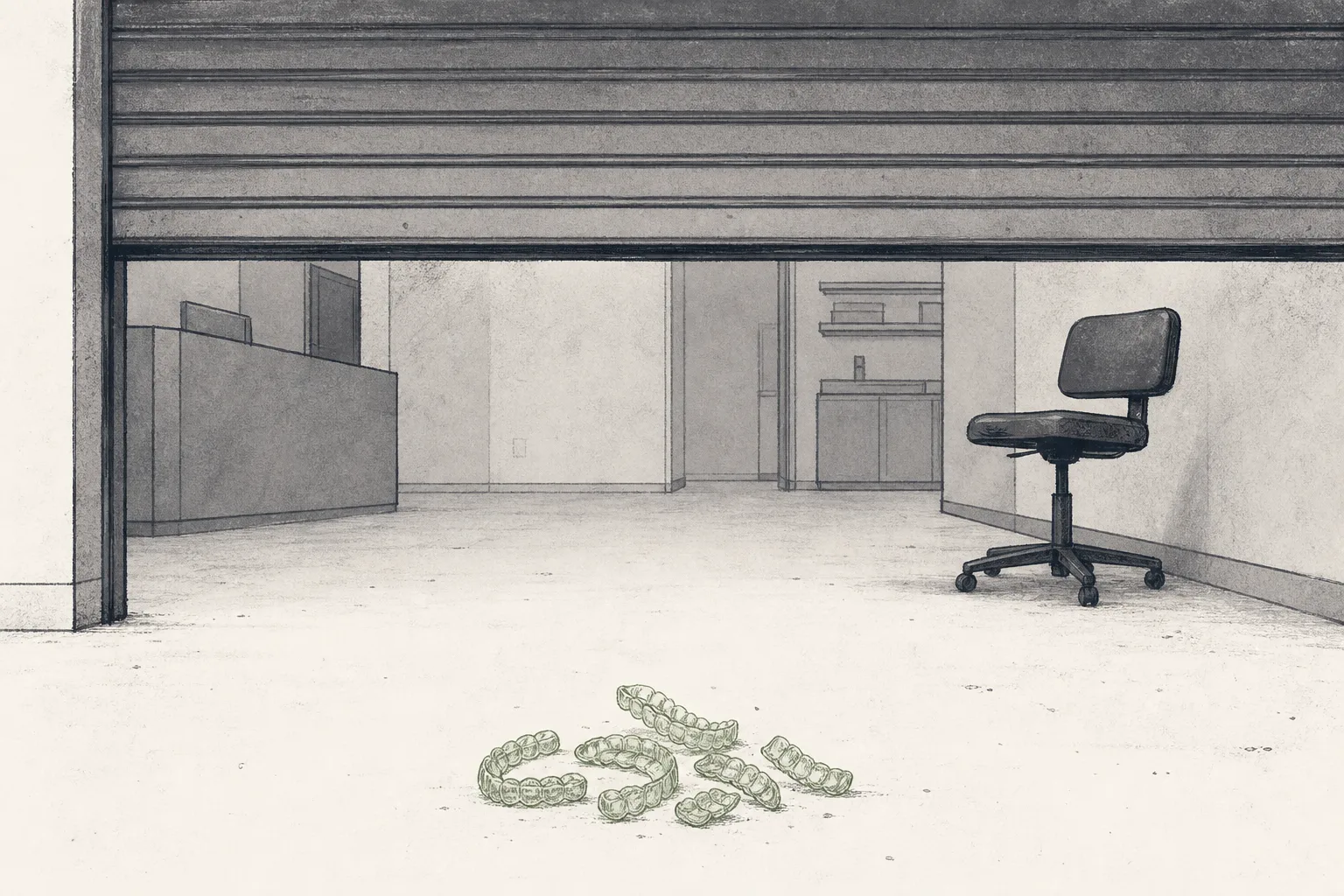 A pile of clear aligner trays lies on the floor of an abandoned, shuttered shop, the metal grille half pulled down — depicting the collapse of a direct-to-consumer aligner service that cut the dentist out of the equation.