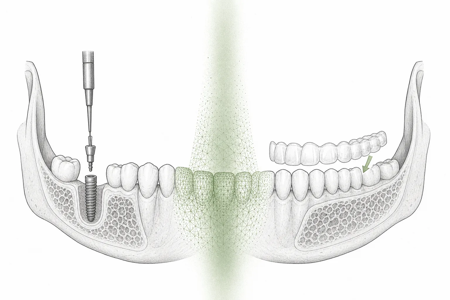 A model jaw. On one side, a titanium post is implanted into the bone to replace a missing tooth; on the other, a clear plastic tray is fitted over the teeth to align them — with a digital scanning beam sweeping through the middle.