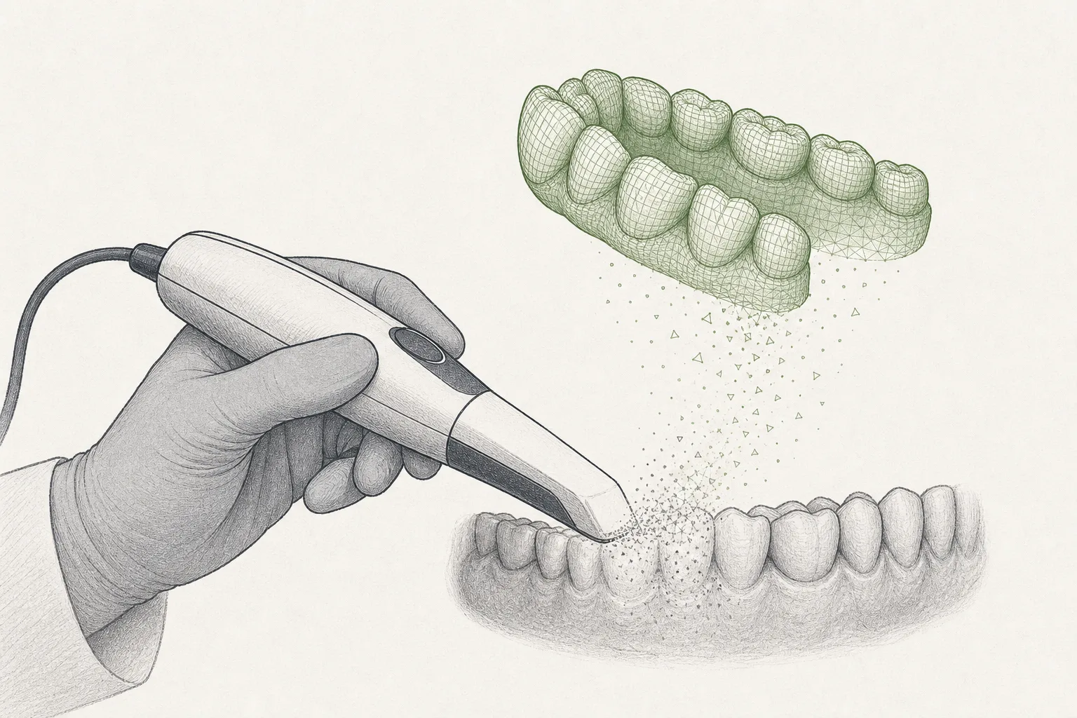 An intraoral scanner pen sweeps along a row of teeth, turning the real teeth into a 3D tooth model floating above the dentist's hand — depicting the conversion of a patient's mouth into a digital file.