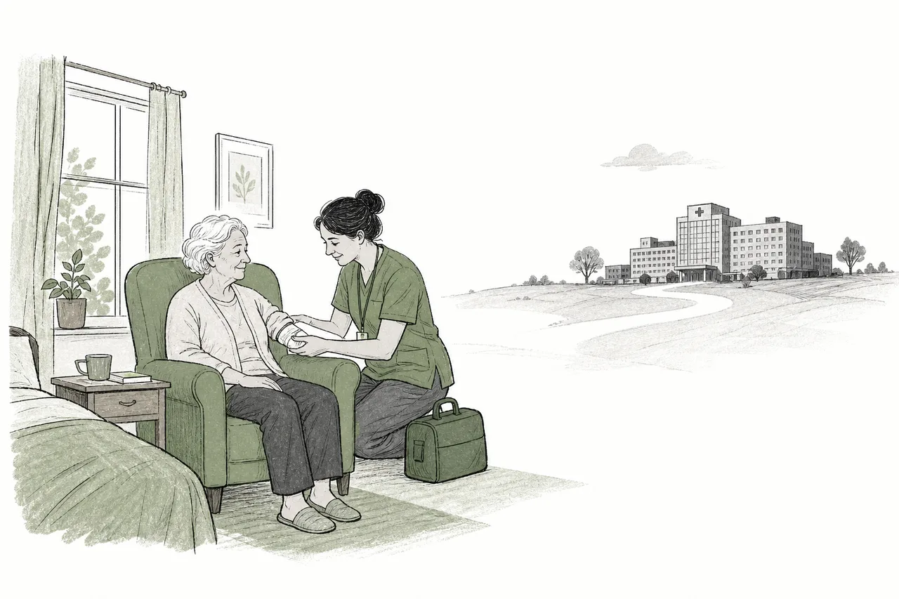 An older person sits calmly in their bedroom at home while a nurse visits to care for them, as the shadow of a large hospital building recedes into the background