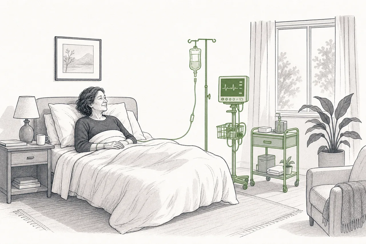 An ordinary home bedroom converted into a patient room, with medical equipment set up simply beside the bed; the patient rests comfortably in a homey atmosphere