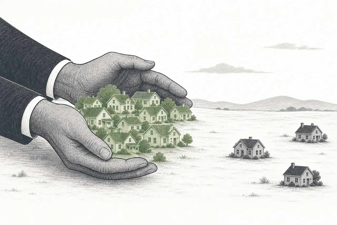 Two giant hands reach in from the insurance-company side, sweeping up small houses that stand for home-care companies and gathering them under their own wing