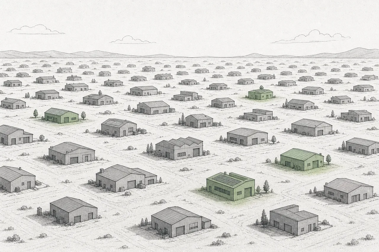A fragmented market, with many small companies as small boxes spread across the space, and no single giant dominating