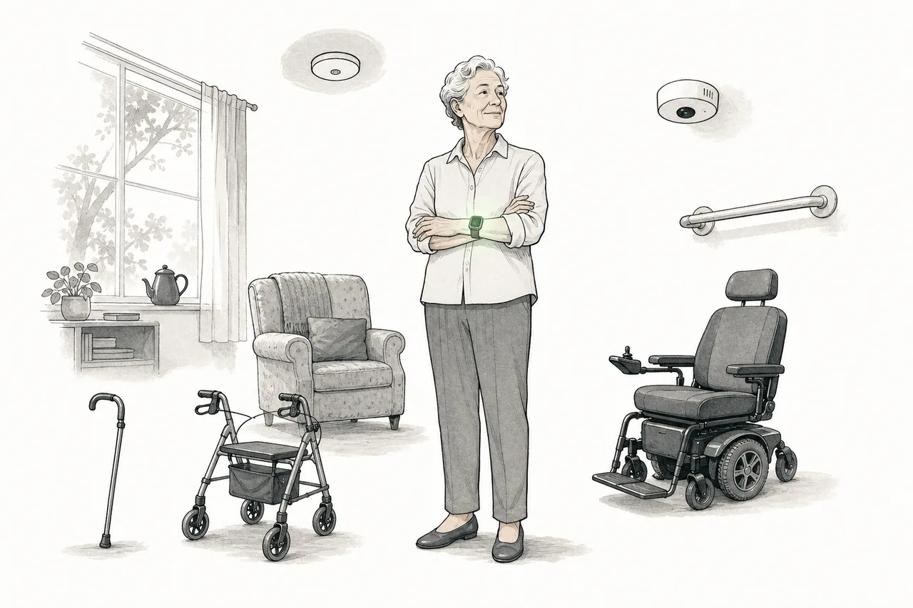 An older person stands steadily in the middle of their own home, surrounded by many kinds of assistive devices — from canes and wheelchairs to wrist watches and in-home sensors