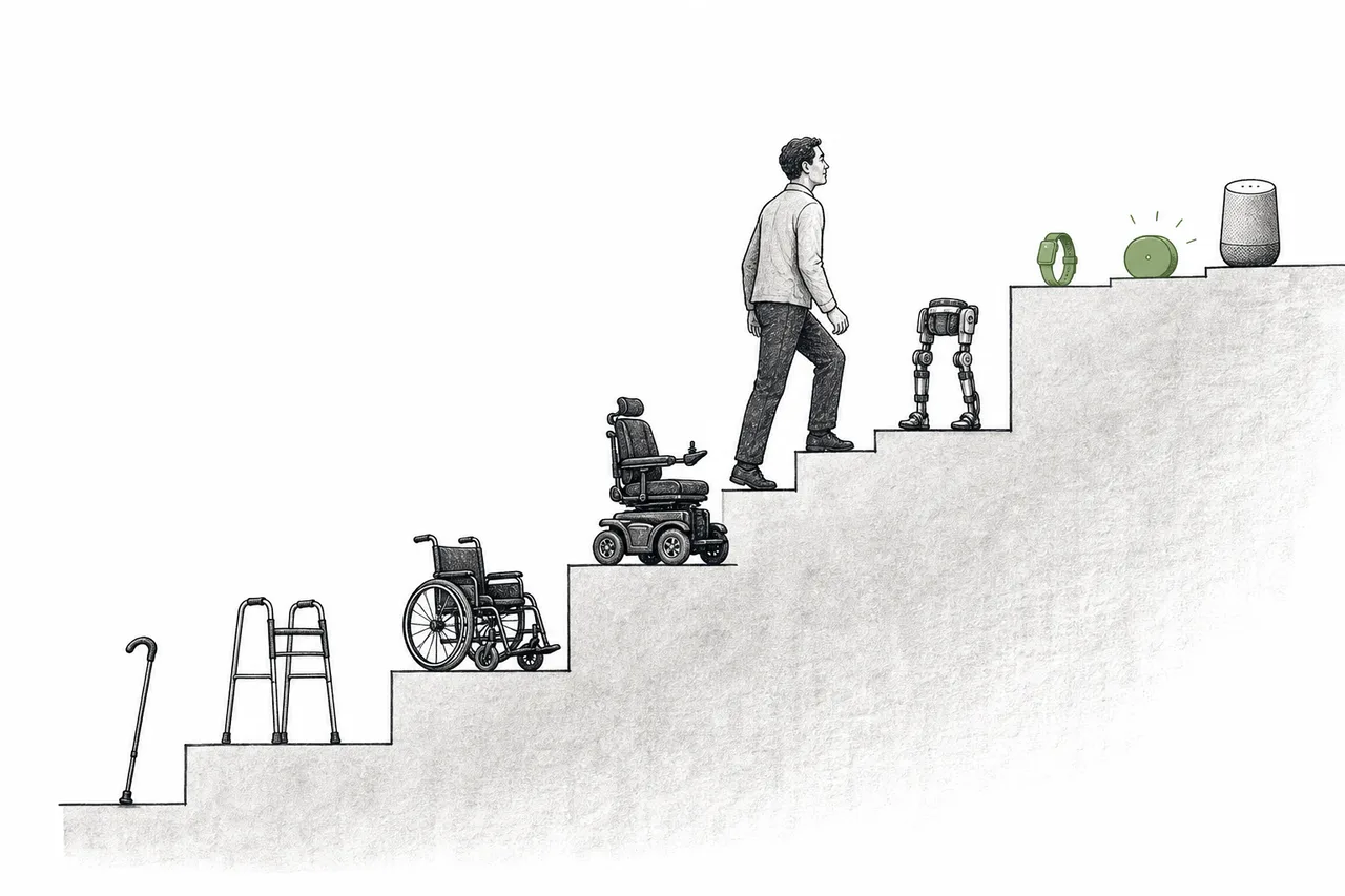 The ladder of assistive devices, climbing from ordinary canes and wheelchairs at the bottom, up to power wheelchairs and exoskeletons, and on to smart watches and sensors at the top
