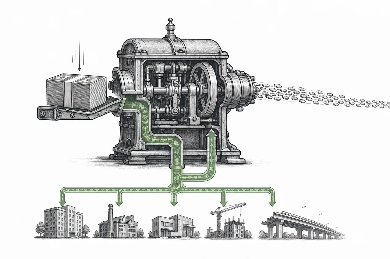 A machine that sucks in a lump sum on one side and releases a stream of money out the other, with internal pipes looping off to invest in buildings and factories