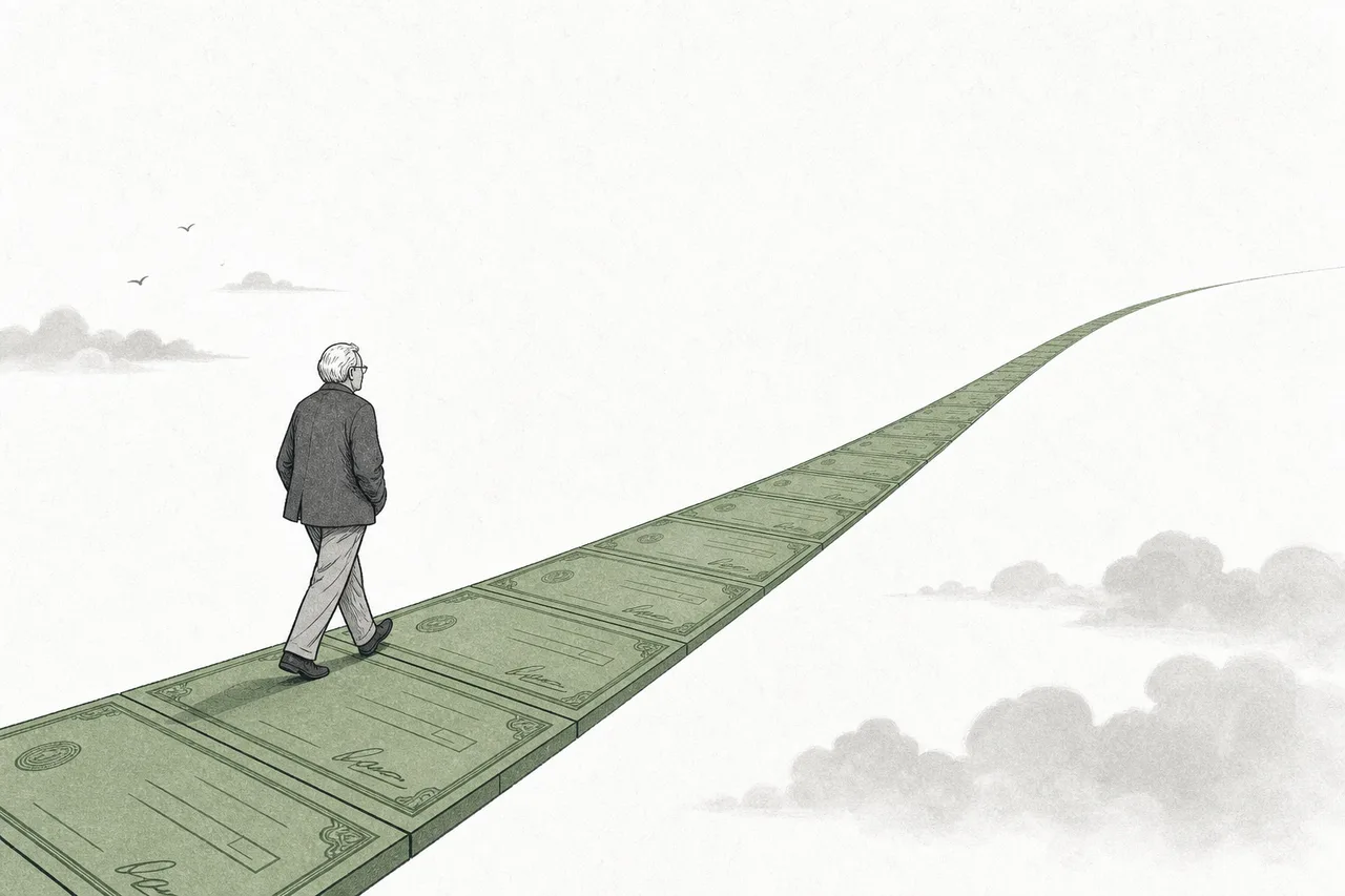 An elderly person crosses a bridge that stretches endlessly into the distance; the bridge is built from monthly benefit checks linked end to end