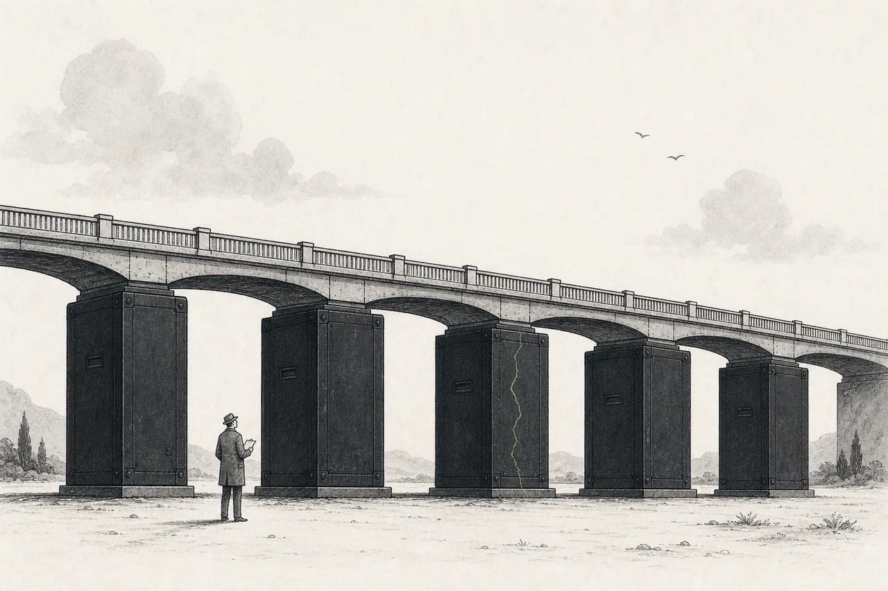 A bridge paying out monthly checks that looks sturdy, but the supporting pillars below are opaque boxes you can't see inside, with thin cracks running through them