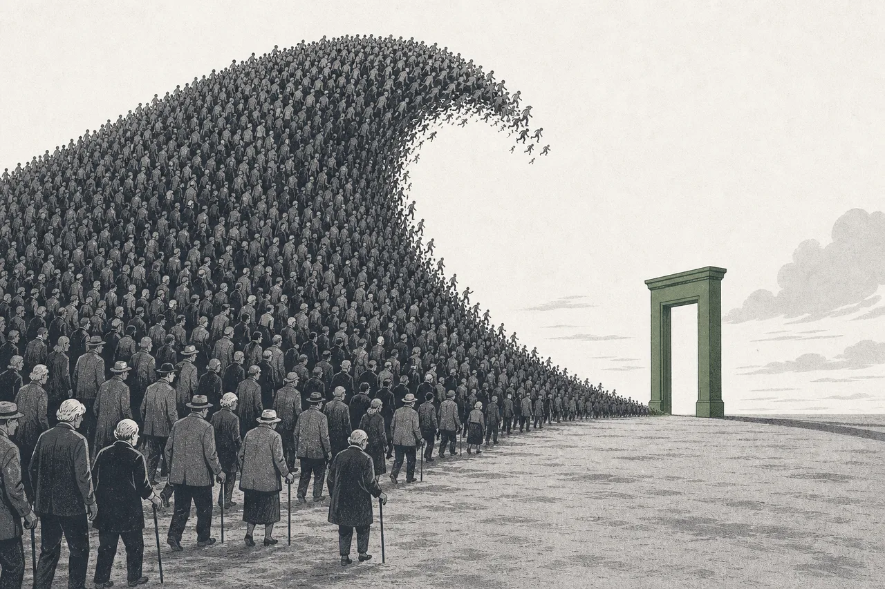 A vast crowd of elderly people surging like a wave toward a single doorway that is the entrance to retirement