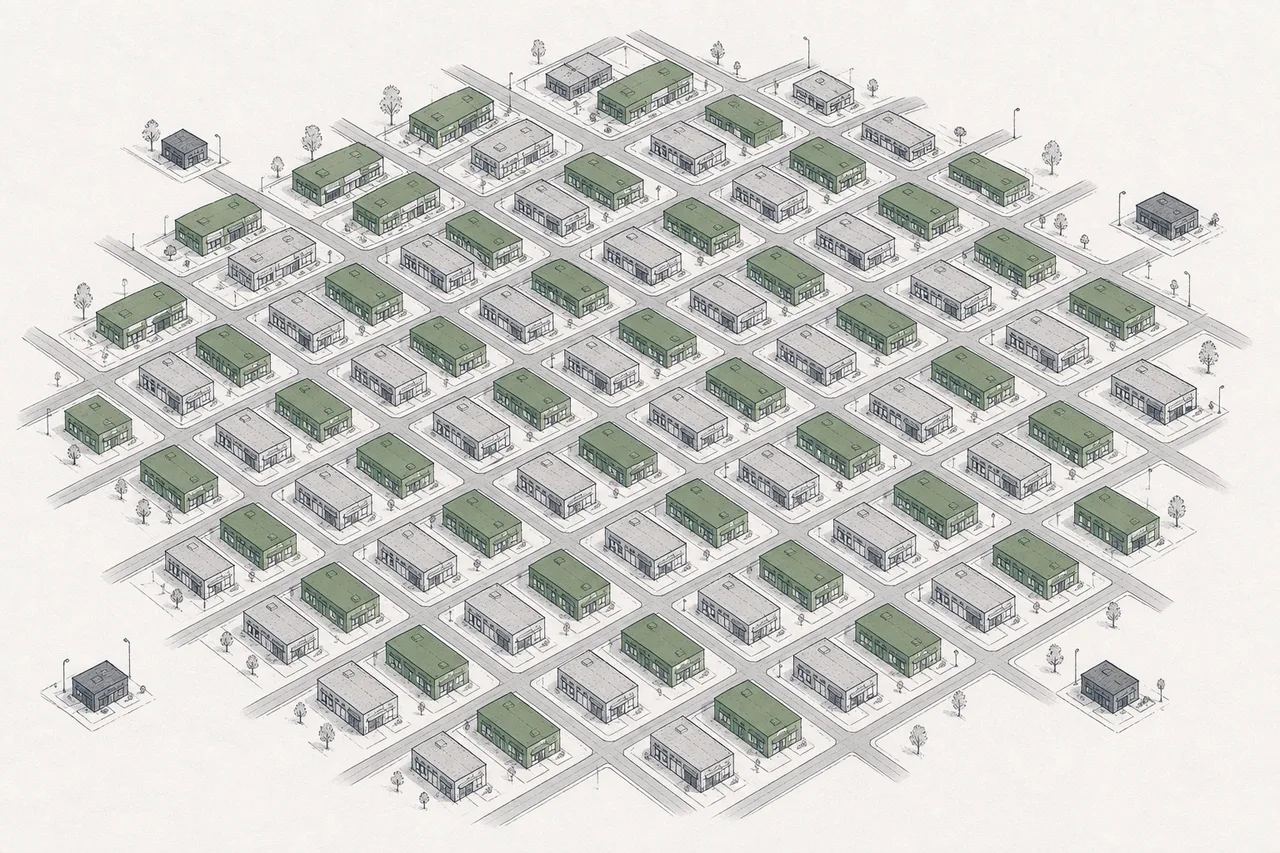 A map of a city where two brands of dialysis clinics own nearly every street corner, leaving only a sliver of space for small players