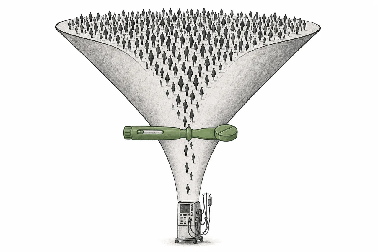A funnel where diabetic patients flow down toward dialysis, with pills and an injection pen acting as a valve that slows the flow