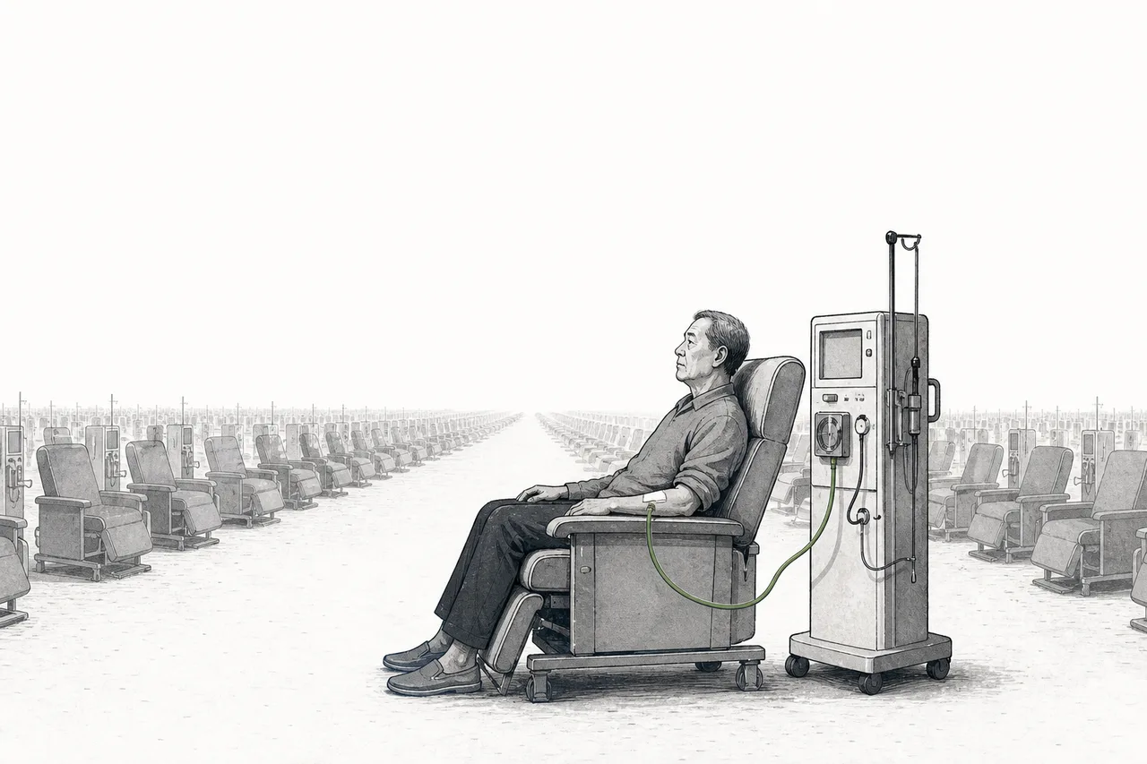 A patient sits hooked up to a dialysis machine, with an endless row of identical chairs stretching out behind them — a picture of having to come in for treatment for the rest of their life