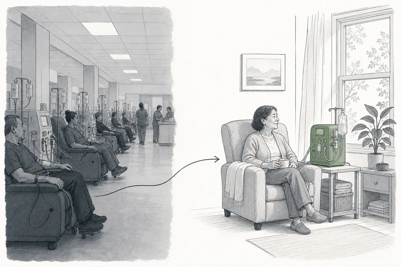 A side-by-side comparison of a large dialysis clinic and a small home dialysis machine, showing treatment moving into the home