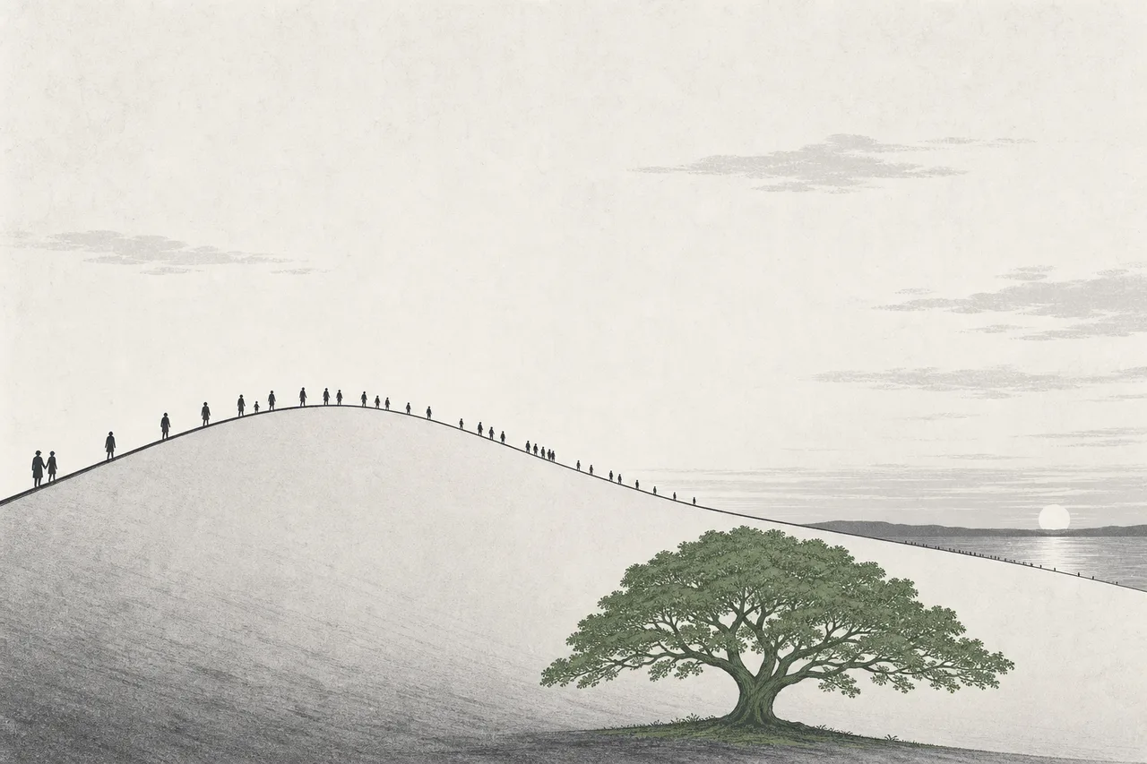 A wave-shaped population curve that flows gently down toward the horizon, with a single large tree standing for end-of-life care.