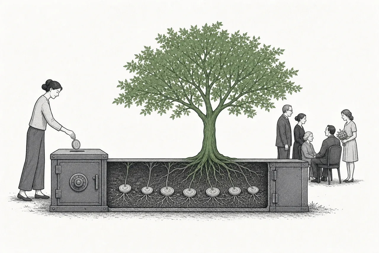 A comparison across time: a person places money into a chest that slowly grows into a tree, before the service is delivered in the future.