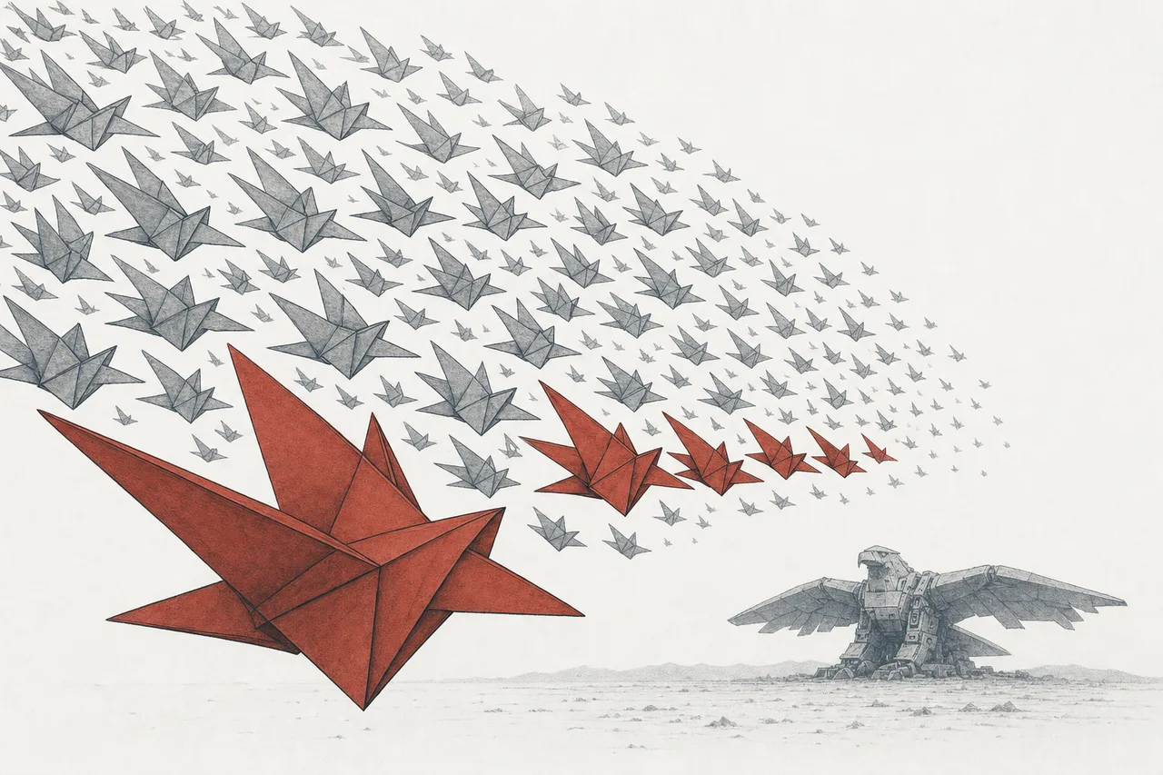 A huge flock of small folded-paper birds flying in formation, in place of a single large metal eagle behind them