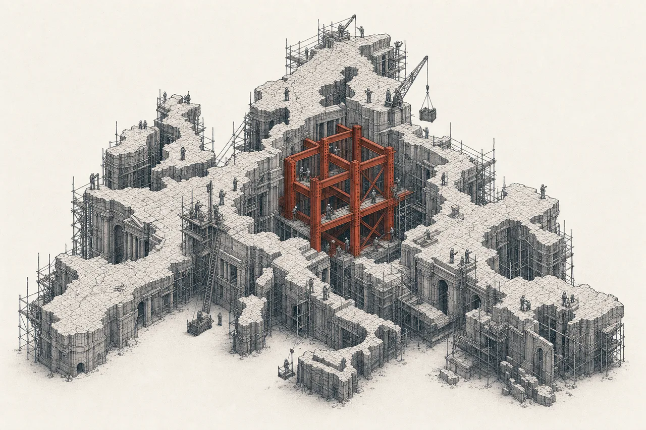 A map of the European continent being propped up with construction scaffolding on every side, like an old building getting a major reinforcement