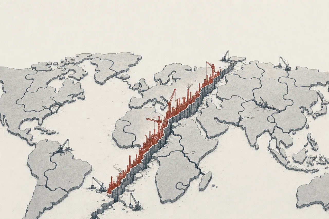 A world map cracking into pieces along its borders, with industrial plants rising up along the fault lines like walls