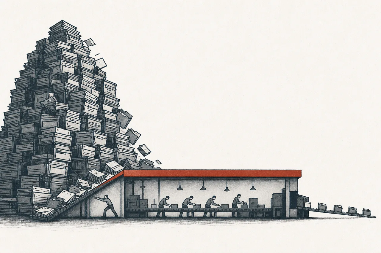 An assembly line with orders piled up overhead waiting, but stuck against a low factory ceiling, so product flows out far slower than the orders coming in
